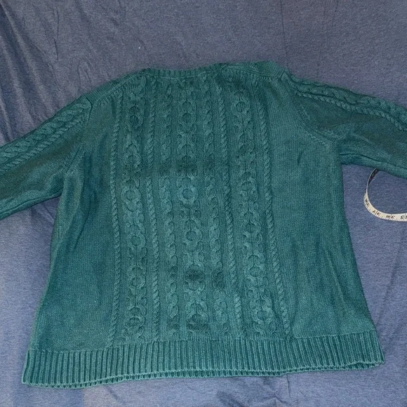 LL Bean Vintage Cable Knit Sweater Teal Cotton XL Fisherman Crewneck 90s - Picture 10 of 10
